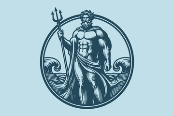 Poseidon with trident, vintage monochrome engraving, blue on light blue. Round emblem © Victoria