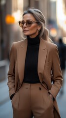 Obraz premium Stylish individual embraces the chic mocha trend while strolling through a vibrant city street, exuding confidence and sophistication