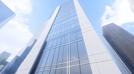 Obraz premium Elegant Modern Skyscraper with a Wide Glass Front, Reflecting Innovation in Urban Architecture