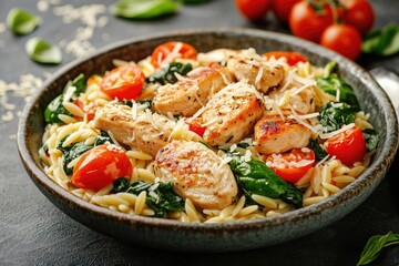 Grilled Chicken Orzo Pasta Salad With Spinach and Tomatoes