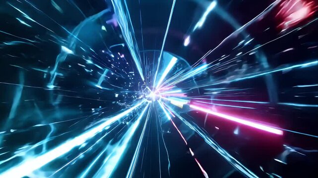 Space tunnel hyperjump with bright star trails and neon beams