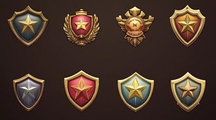 Obraz premium Vector set of games military icon. Military shield badges, game rank insignia. Vector game icons, revard signs, stars, chevron for used in mobile or web game