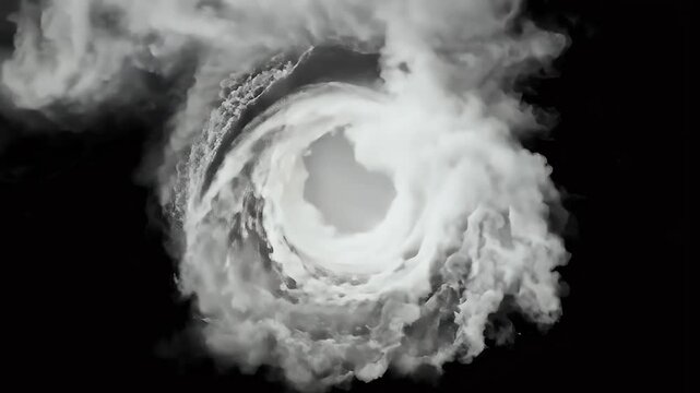 Powerful cyclone with dust clouds, flying debris, and intense smoke swirling in high definition on black