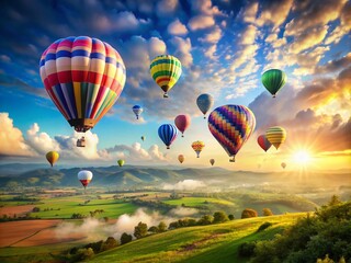 Fototapeta premium A Serene View of Colorful Hot Air Balloons Floating Over a Vast Landscape Beneath a Blue Sky with Gentle Clouds, Perfect for Travel and Adventure Themes