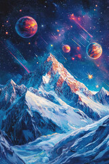 Snowy mountain peak under a deep indigo sky filled with radiant planets and a scattering of shooting stars 