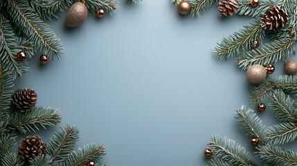 A Christmas composition framed with fir tree branches and decorations against a pastel grey background, perfect for winter and New Year themes.
