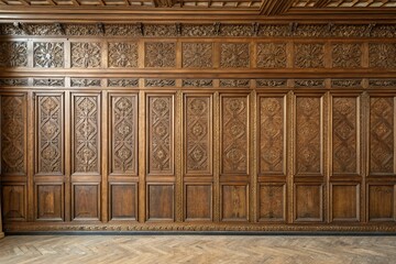 Obraz premium Vintage wooden wall with intricate brown wood paneling featuring ornate patterns and textures in a seamless background, rustic, vintage, decor, texture