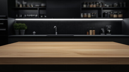 Obraz premium clean wooden table with modern feel, minimalist kitchen background with matte black wall, Ai generated images
