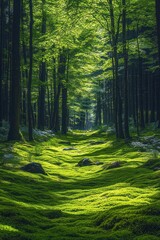 Obraz premium A serene forest path illuminated by sunlight, showcasing lush greenery and moss-covered ground.