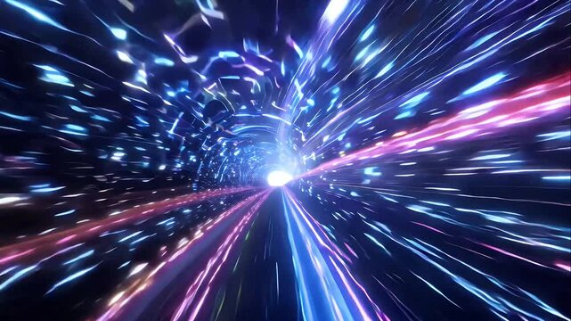 High-speed hyperjump tunnel with glowing blue and purple light trails