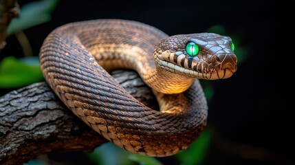 Fototapeta premium Year of Snake Chinese Zodiac Concept, Luminous Green-Eyed Snake Coiled Around a Tree Branch in a Natural Habitat Setting
