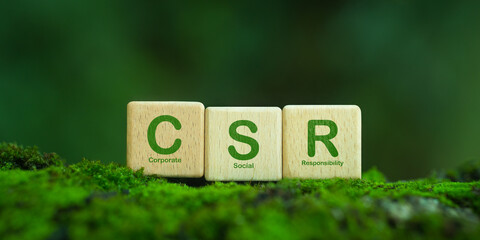 Corporate Social Responsibility (CSR) with green CSR icon on wooden block. Corporate Social Responsibility, Sustainability or Sustainable Development concept.