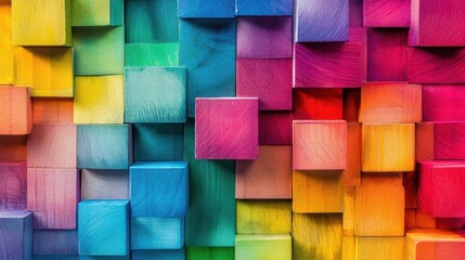 Fototapeta premium artistic abstract background where rainbow-colored wooden blocks are arranged in a geometric pattern. The sharp lines and vibrant colors, abstract 3d background