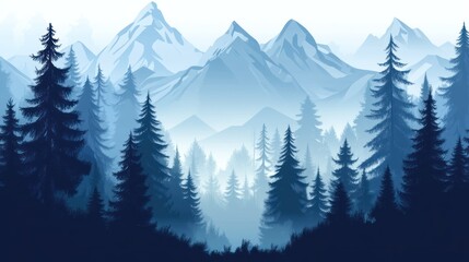Fototapeta premium Mountain forest landscape with tall pine trees and a misty backdrop.