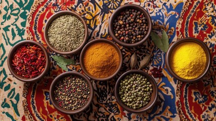 assortment of spices laid out on a vibrant, patterned tablecloth. Bold and eye-catching, perfect for a lively and exotic feel