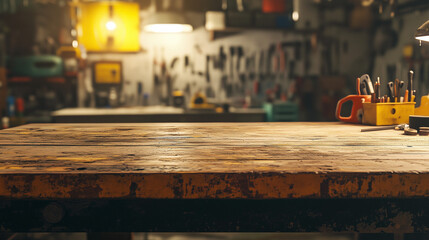 Wooden table mockup placed in the middle of a workshop with tools such as screwdrivers, hammers, Ai generated images