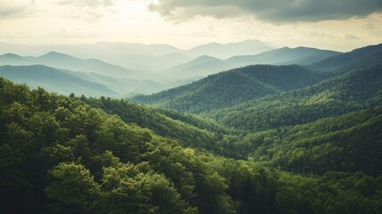 Obraz premium Mountain landscape background showcasing rolling hills and forested areas.
