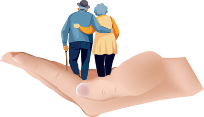 Elderly couple walking on a giant hand, symbolizing support and care