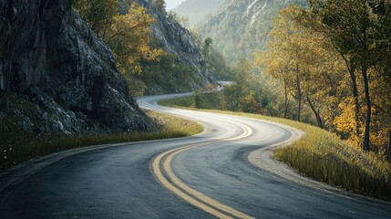 Naklejka premium Mountain road with sharp curves, captured in a dynamic and adventurous perspective.