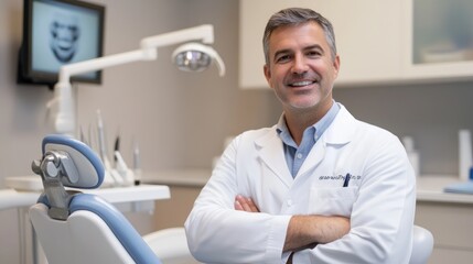 Professional dental doctor in a white coat, isolated on a clean background.