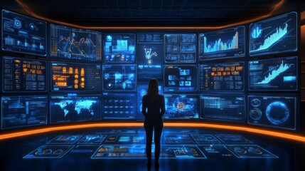 Analyzing Digital Data Visualizations: Woman Engages in Data Review for Analysis and Insights