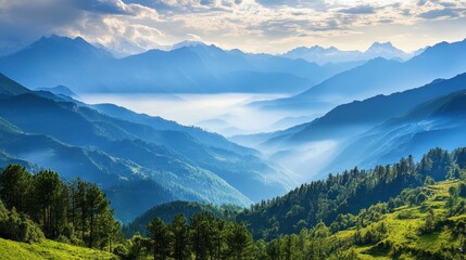 Fototapeta premium Dynamic mountain views with soft lighting, creating a harmonious visual effect.