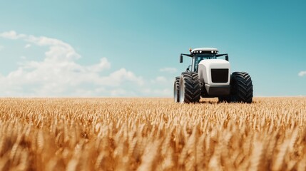 Fototapeta premium A modern tractor in a golden wheat field under a clear blue sky, showcasing agricultural machinery and vast farmland.
