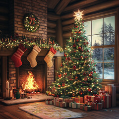christmas tree with fireplace stockings and decorations