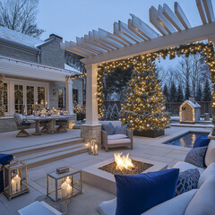 Luxury house backyard with Christmas tree