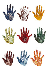 Fototapeta premium Handprints set with colorful watercolor handprints isolated on a white background, detailed illustration, high-resolution professional photograph