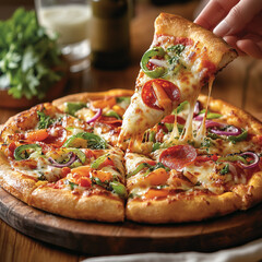 Freshly baked pizza with golden crust