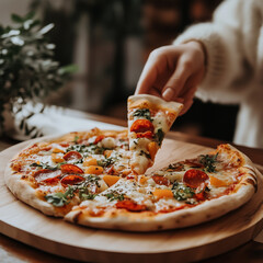 Freshly baked pizza with golden crust