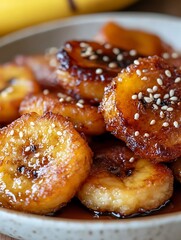 Close-up of Banana Fritters (Gluay Tod) sprinkled with sesame seeds and drizzled with honey.