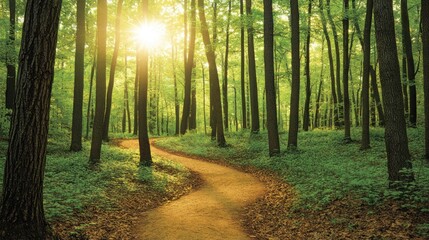 Obraz premium A serene forest path illuminated by sunlight, inviting exploration and tranquility.