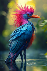 Obraz premium A colorful bird with a bright pink and blue head standing in the water