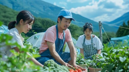 Obraz premium Friends Enjoying a Day of Fresh Produce Picking in a Green Valley