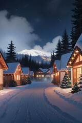 Fototapeta premium Snow-covered mountain village at night illuminated by holiday lights and starlit skies, surrounded by spruce trees and winter fog, offering a serene festive atmosphere for seasonal designs.
