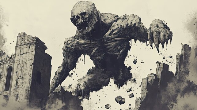 Stone Monster Destroying Ancient Ruins Cityscape