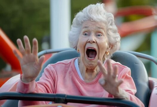 Portrait of a senior woman screaming on rollercoaster ride