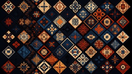 Vector illustration of a traditional Thai pattern, with a symmetrical composition featuring colorful patterns on a dark blue background.