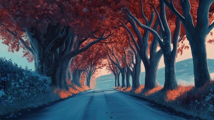 Fototapeta premium Road with trees lining both sides, creating a picturesque and calming atmosphere.