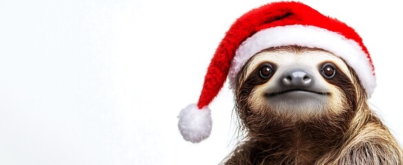 A happy sloth wearing christmas santa hat white background banner, funny animal dressed xmas theme	

