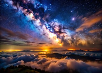 Obraz premium Breathtaking Drone Photography of Clouds Streaking Across the Milky Way, Capturing the Cosmic Dance of Stars and Celestial Wonders in a Stunning Night Sky Landscape