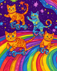 Whimsical and playful illustrations of cats in various humorous scenarios, featuring vibrant doodle art