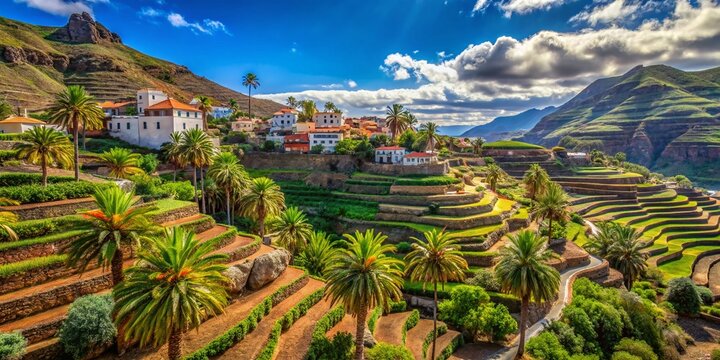 Breathtaking Macro Photography of Terraced Fields in Arure, La Gomera, Showcasing Vibrant Cactus Plants and Lush Palm Trees Amidst Stunning Canary Island Landscapes