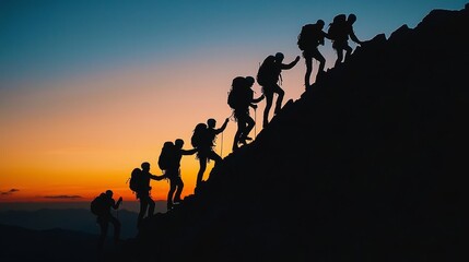 Team climbing a mountain at sunrise symbolizing business goal achievement