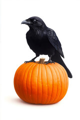 Fototapeta premium A black bird sitting on top of a pumpkin