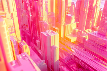 Obraz premium Abstract futuristic city rendered in pink and yellow hues
