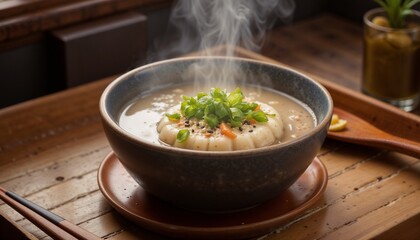Steaming bowl of noodle soup with green onions and herbs on wooden table