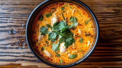 A bowl of Tom Yum Goong with prawns, mushrooms, and vibrant red chili oil.